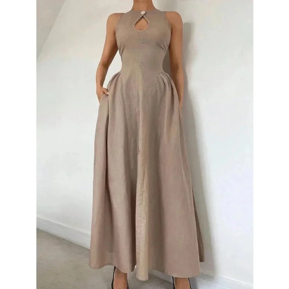 Hollow Front Cinched Waist A-Line Side Ruched Maxi Dress tan - Picture 2 of 7